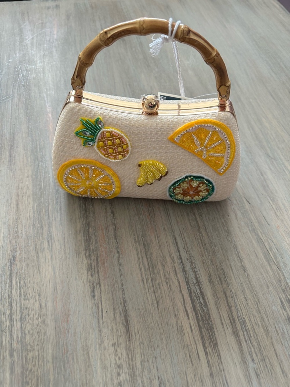 Haute Hippie Cream Straw Clutch Handle Crossbody with Fruit Appliqués - Picture 3 of 7